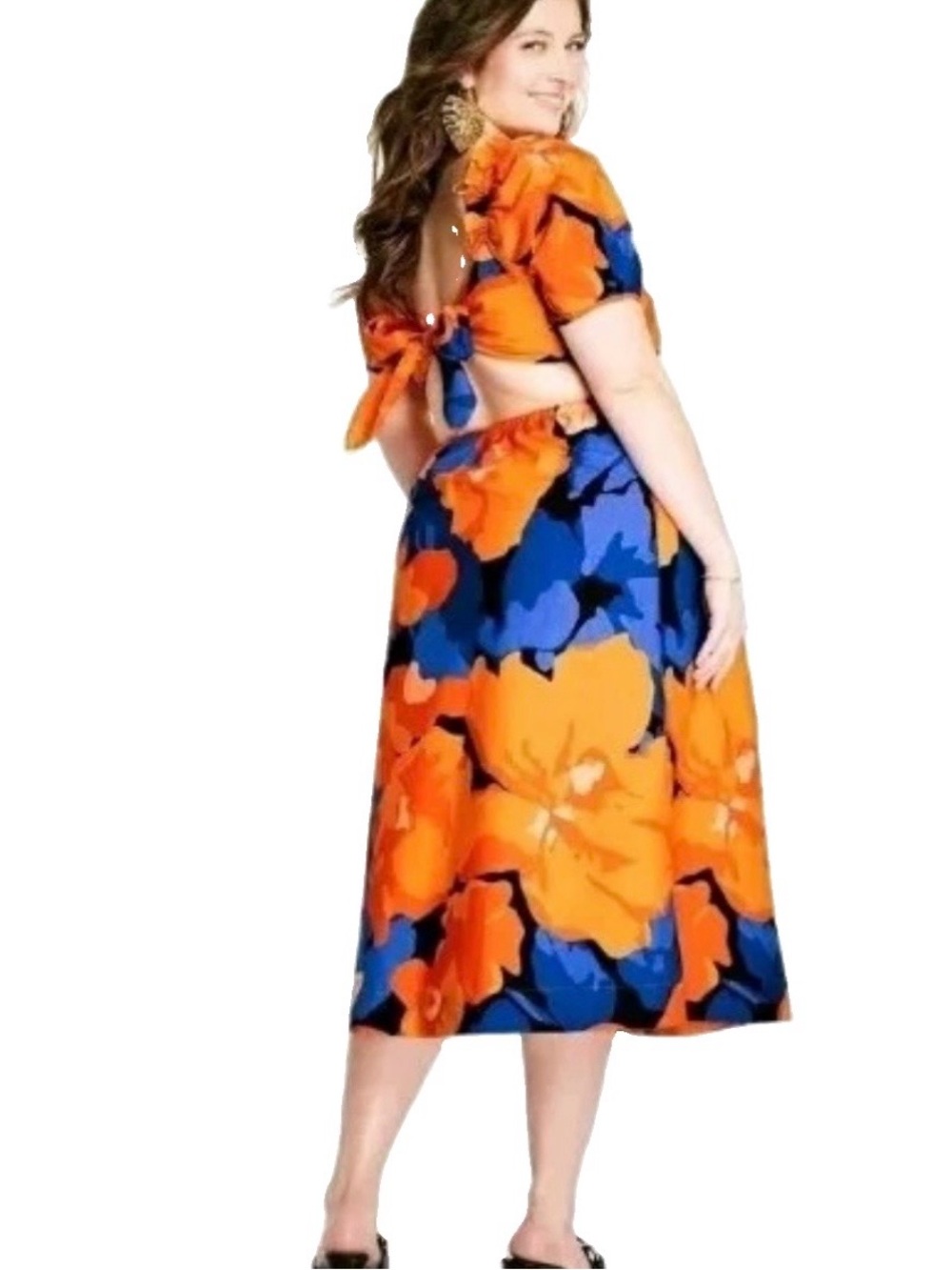 Tabitha Brown Bright Floral Print Puff Sleeve Tie-Back Cotton Dress  Size 14 New